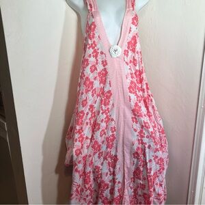 Oscar de la Renta Coral Pink and White Floral Asymmetrical Sundress Large